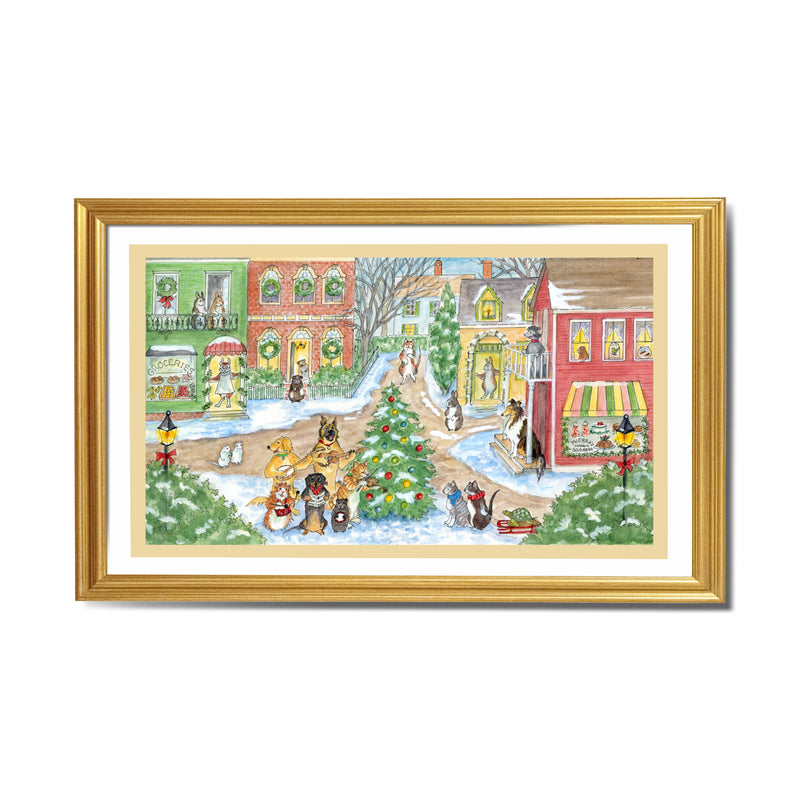 G28104 "Village Square Christmas" Giclee Print - 22" x  16" Mat - Signed by Cindy Hendrick
