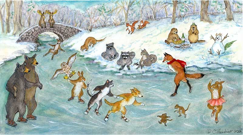 G28102 "Skating Party" Giclee Print - 22" x  16" Mat - Signed by Cindy Hendrick